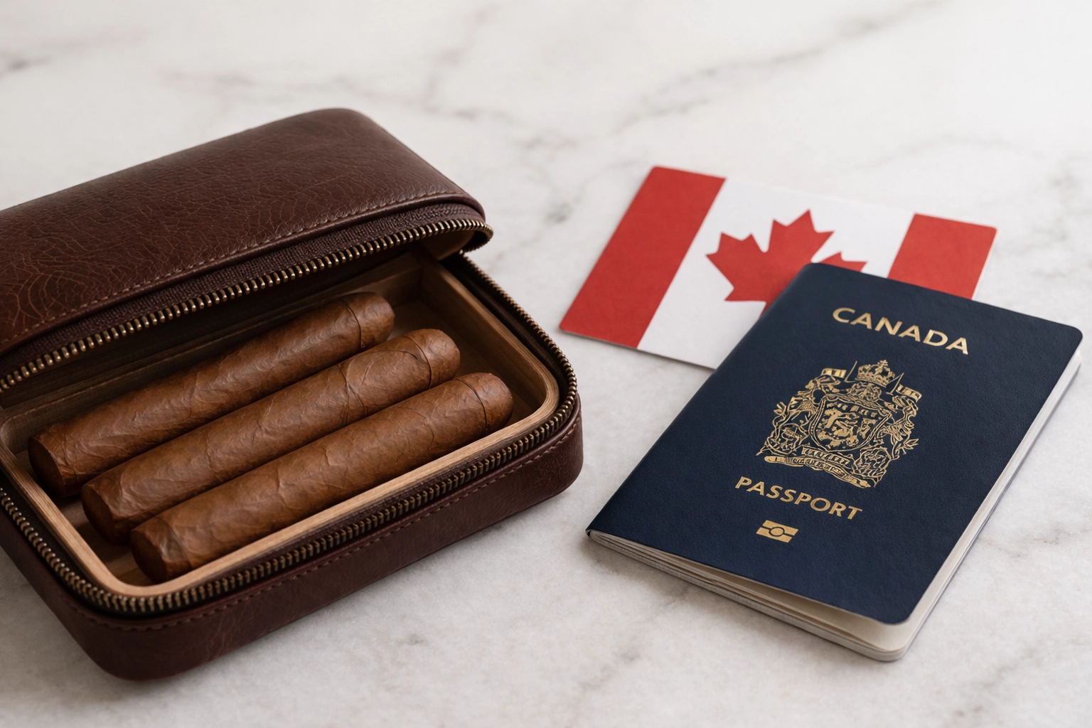 Cigars, passport, Canadian flag, canada