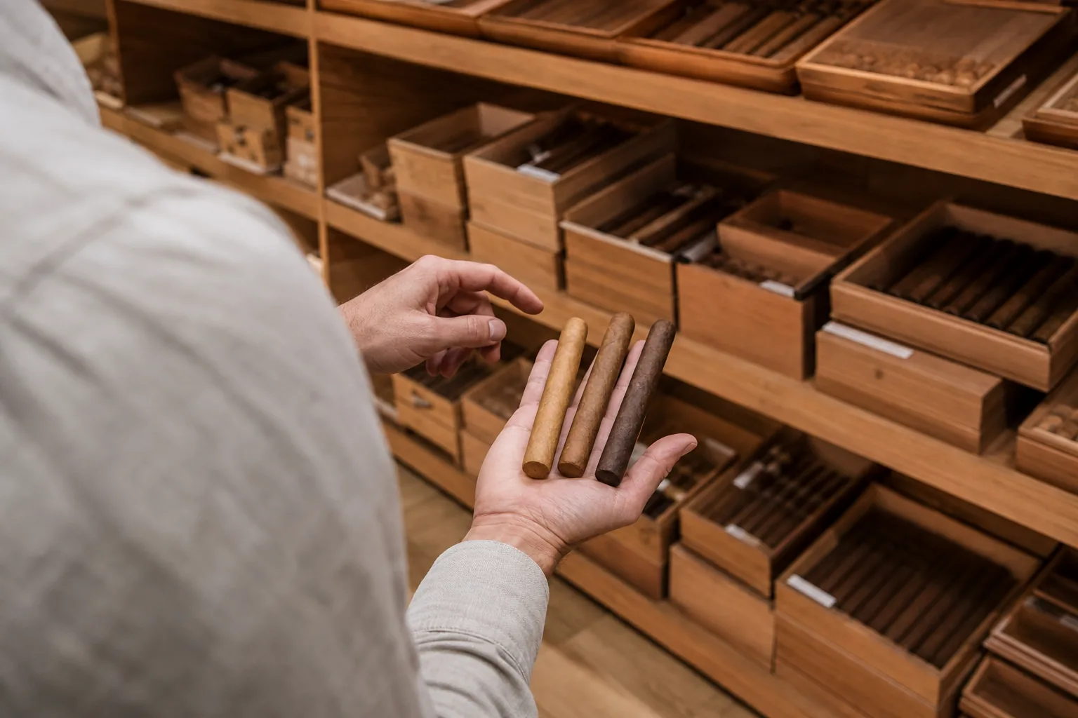 Shopper comparing three cigars with light, medium, and dark wrappers inside a walk-in humidor