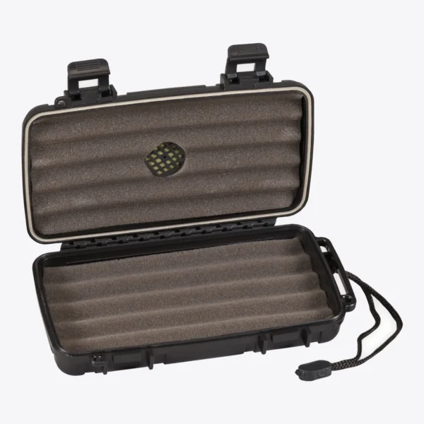 Lotus 5 Cigar Travel Humidor Black, open with foam insert