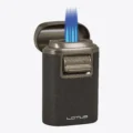 Lotus Brawn Quad Flame Tabletop Torch with Cigar Rest Black Crackle and Gunmetal, cap open and lit