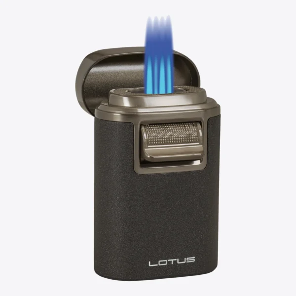 Lotus Brawn Quad Flame Tabletop Torch with Cigar Rest Black Crackle and Gunmetal, cap open and lit