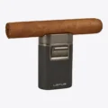 Lotus Brawn Quad Flame Tabletop Torch with Cigar Rest Black Crackle and Gunmetal, cigar rest view