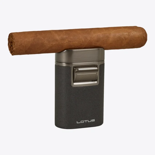 Lotus Brawn Quad Flame Tabletop Torch with Cigar Rest Black Crackle and Gunmetal Lotus Brawn Quad Flame Tabletop Torch with Cigar Rest Black Crackle and Gunmetal, cigar rest view