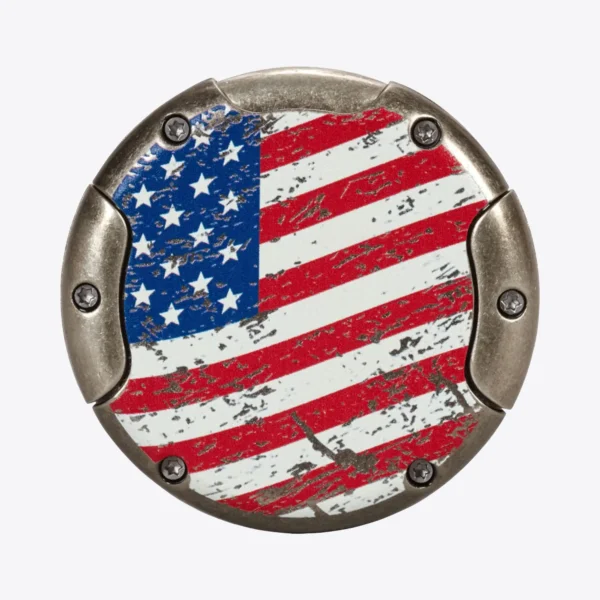 Lotus Meteor Round 64 Gauge Guillotine Cutter American Flag Back Back of the Lotus Meteor round guillotine cigar cutter with an American flag print