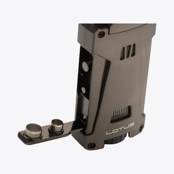 Lotus Skywalker Triple Torch Punch Detail Lotus Skywalker Triple Torch lighter with the cigar punch folded out