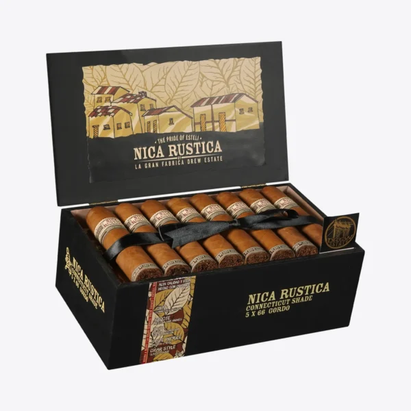 Open box of 25 Nica Rustica Connecticut Shade Gordo cigars