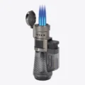 Vertigo Cyclone triple torch lighter in black, open and lit with three flames