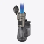 Vertigo Cyclone triple torch lighter in black, open and lit with three flames