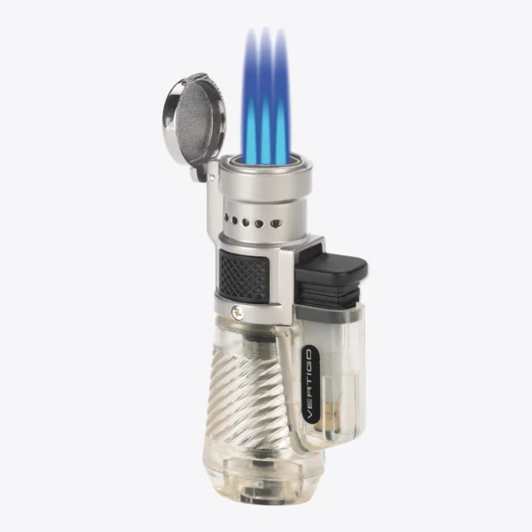 Vertigo Cyclone triple torch lighter in clear, open and lit with three flames