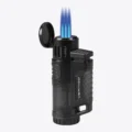 Vertigo Hawk triple torch lighter in black, open and lit with three flames