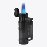 Vertigo Hawk triple torch lighter in black, open and lit with three flames