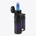 Vertigo Hawk triple torch lighter in blue, open and lit with three flames