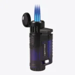 Vertigo Hawk triple torch lighter in blue, open and lit with three flames