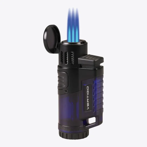 Vertigo Hawk triple torch lighter in blue, open and lit with three flames
