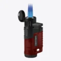 Vertigo Hawk triple torch lighter in red, open and lit with three flames