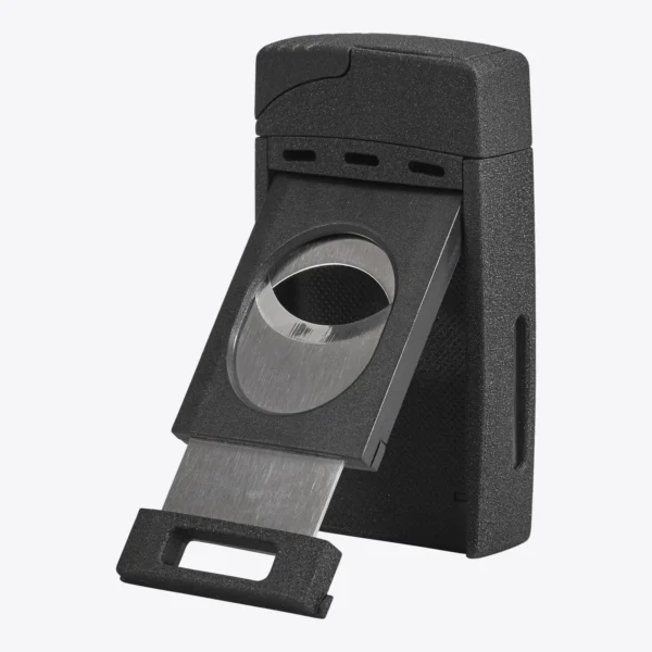 Vertigo Sickle Precision Dual Flame Torch Black Cutter Open Vertigo Sickle dual flame torch lighter in black with its fold out cigar cutter open
