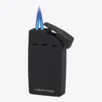 Vertigo Sickle dual flame torch lighter in black, open and lit with two flames