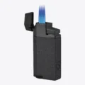 Vertigo Windsor triple torch lighter in black, open and lit with three flames