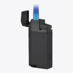 Vertigo Windsor triple torch lighter in black, open and lit with three flames