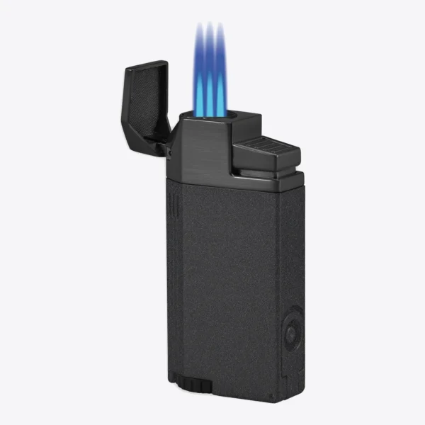 Vertigo Windsor triple torch lighter in black, open and lit with three flames