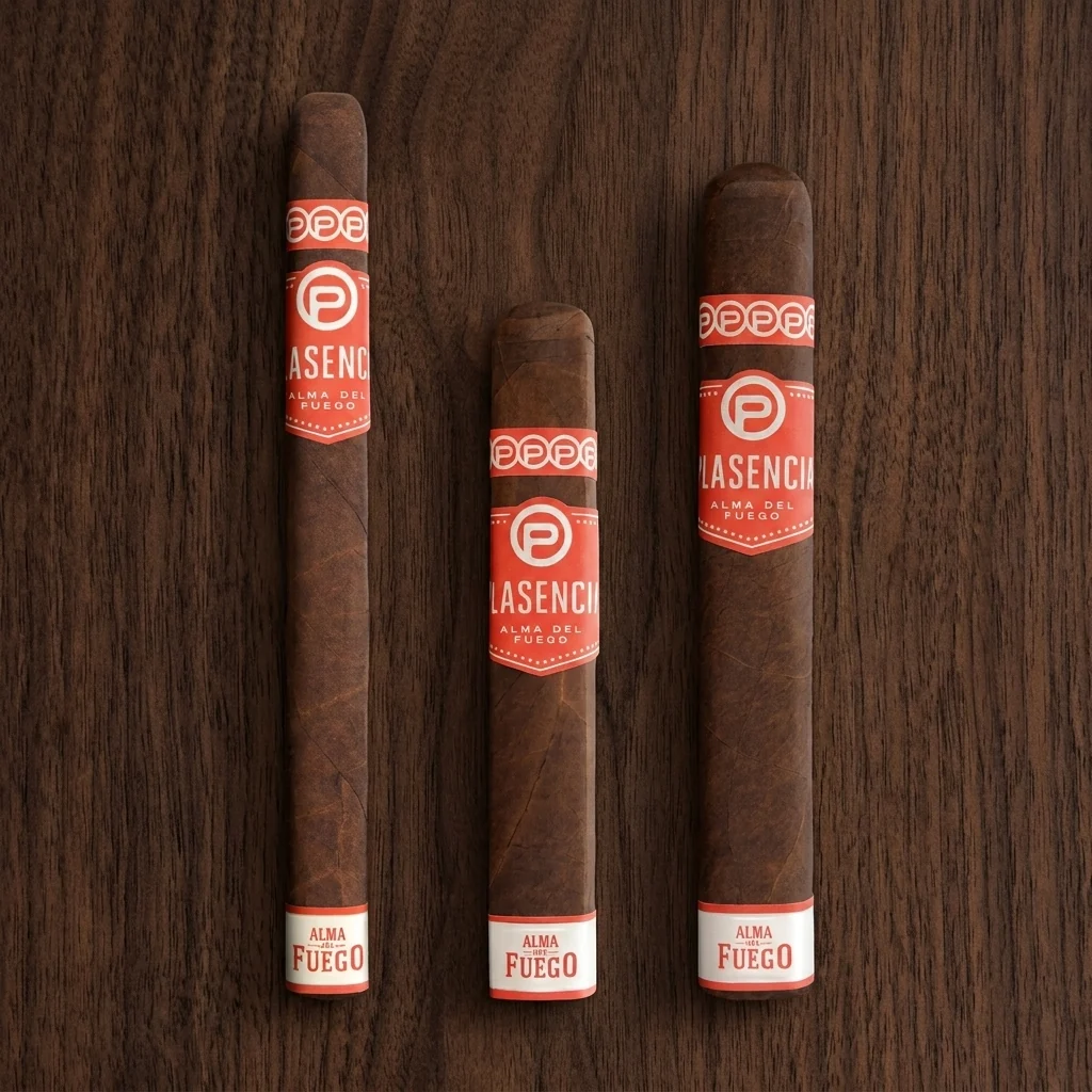 Three Plasencia Alma del Fuego cigars standing side by side showing 38, 50 and 54 ring gauge