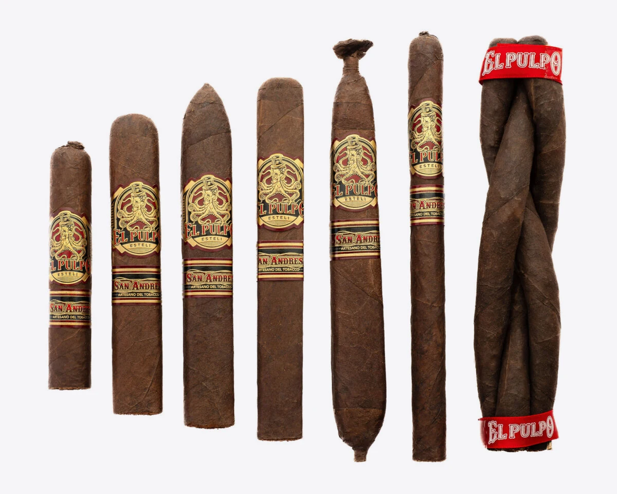 Seven El Pulpo cigars of different sizes and shapes standing side by side, including a belicoso, a perfecto, a lancero and a culebra