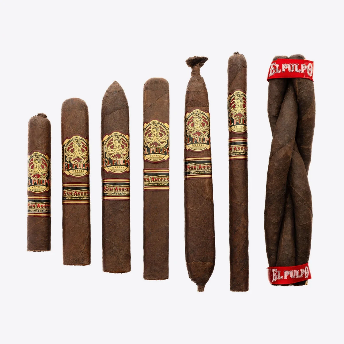 Seven El Pulpo cigars of different sizes and shapes standing side by side, including a belicoso, a perfecto, a lancero and a culebra