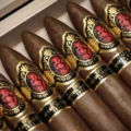 God of Fire KKP Special Reserve Piramide 58 in the open Macassar ebony travel humidor