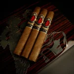 God of Fire KKP Special Reserve Toro Extra 54 cigars on the Macassar ebony humidor lid