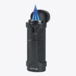 Lotus Armor Triple Torch Lighter in black, lit with the cap open