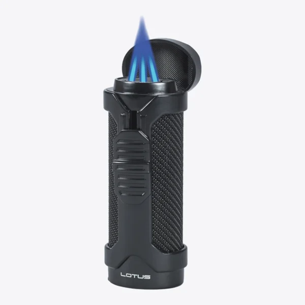 Lotus Armor Triple Torch Black Lotus Armor Triple Torch Lighter in black, lit with the cap open