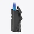 Vertigo Atlas triple torch lighter in black, open and lit with three flames