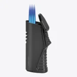 Vertigo Atlas triple torch lighter in black, open and lit with three flames