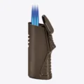 Vertigo Atlas triple torch lighter in gunmetal, open and lit with three flames
