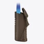 Vertigo Atlas triple torch lighter in gunmetal, open and lit with three flames