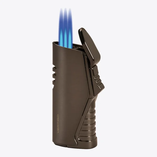 Vertigo Atlas Triple Torch with Punch Gunmetal Open Lit Vertigo Atlas triple torch lighter in gunmetal, open and lit with three flames