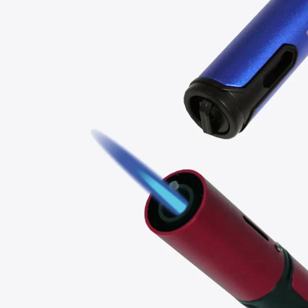Vertigo Blade Single Torch Lighter Red and Blue, lit close up