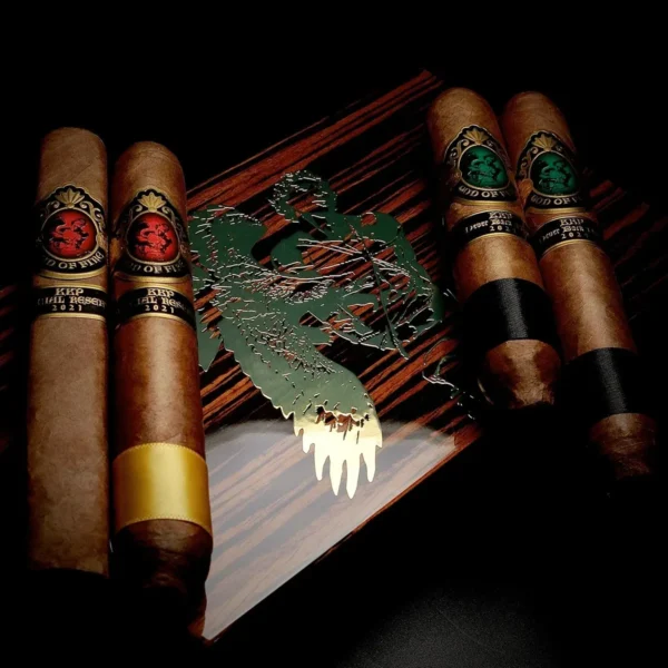 God of Fire KKP 4 Cigar Special Selection on its Macassar ebony travel humidor