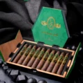 Open box of 10 Andalusian Bull 10th Anniversary Maduro cigars with the green lid raised