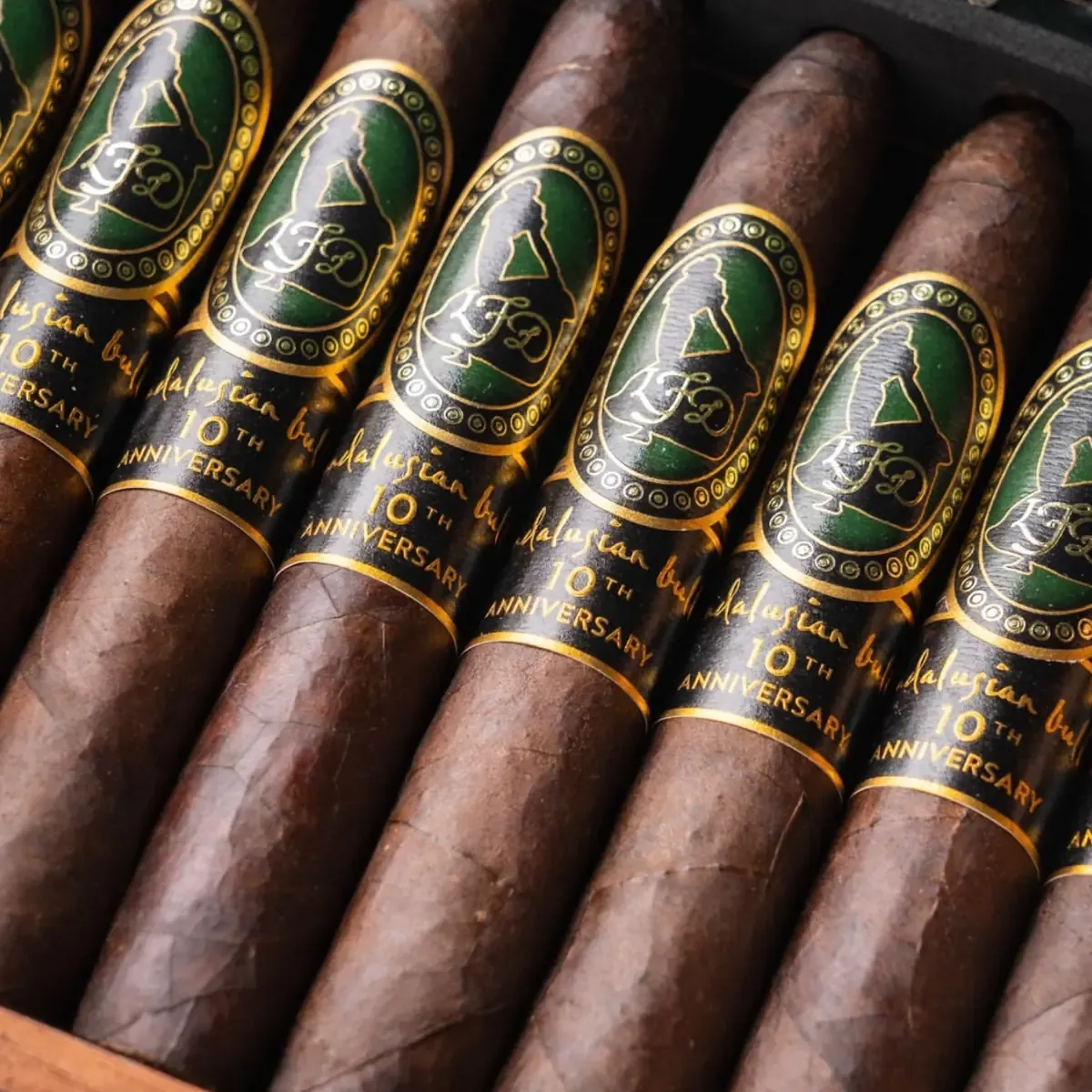 Row of Andalusian Bull 10th Anniversary Maduro cigars in the box