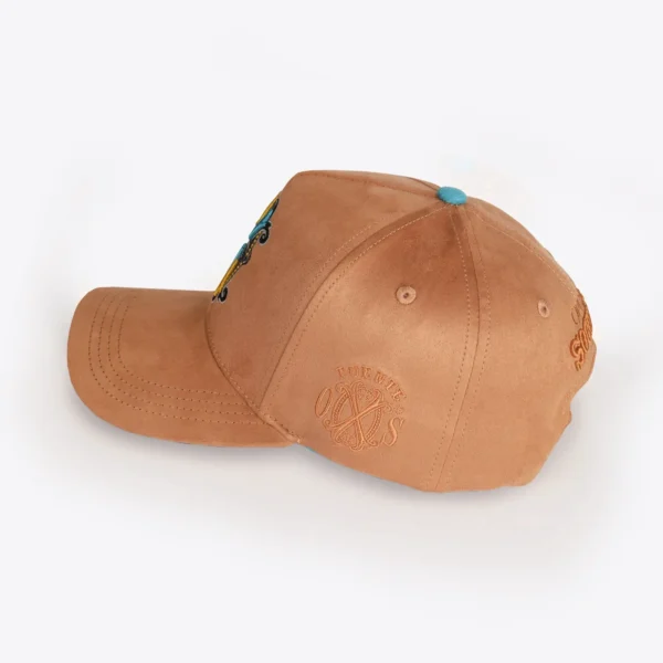 Opus X Society Snapback Hat Suede Earth Limited Edition 2 Opus X Society Earth snapback hat, side view with the debossed Fuente OXS monogram