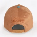 Opus X Society Earth snapback hat, back view with Opus X Society embroidery and tan snapback strap