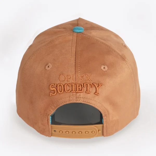 Opus X Society Snapback Hat Suede Earth Limited Edition 4 Opus X Society Earth snapback hat, back view with Opus X Society embroidery and tan snapback strap