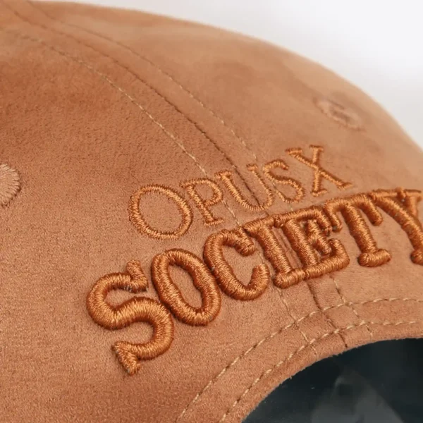Opus X Society Snapback Hat Suede Earth Limited Edition 8 Close up of Opus X Society embroidered tone on tone on the back of the Earth snapback hat