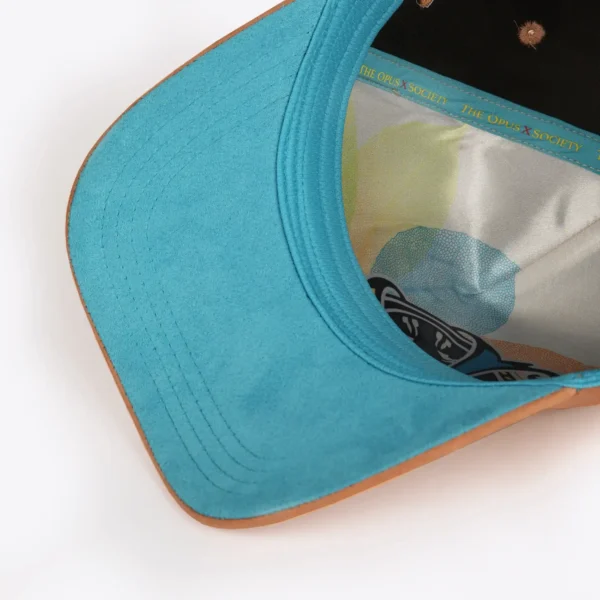Opus X Society Snapback Hat Suede Earth Limited Edition 9 Teal underbrim and printed satin lining of the Opus X Society Earth snapback hat
