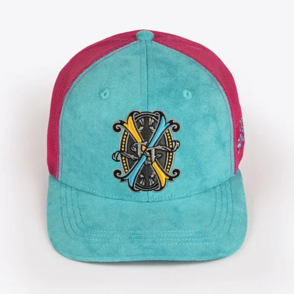 Opus X Society Trucker Hat Miami Vice Suede Teal and Magenta Limited Edition 1 Opus X Society Miami Vice trucker hat, front view in teal suede with the Opus X Society crest patch