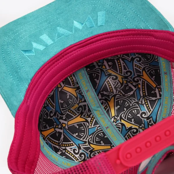 Opus X Society Trucker Hat Miami Vice Suede Teal and Magenta Limited Edition 8 Inside the Opus X Society Miami Vice trucker hat, with MIAMI under the brim and the printed lining
