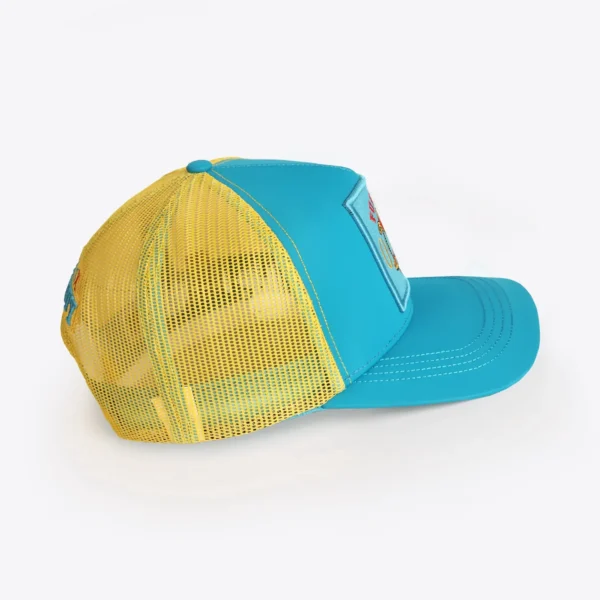 Opus X Society Trucker Hat Teal and Yellow Limited Edition 3 Opus X Society teal and yellow trucker hat, other side view