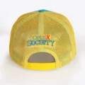 Opus X Society teal and yellow trucker hat, back view with Opus X Society embroidery and yellow snap strap