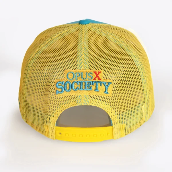 Opus X Society Trucker Hat Teal and Yellow Limited Edition 4 Opus X Society teal and yellow trucker hat, back view with Opus X Society embroidery and yellow snap strap